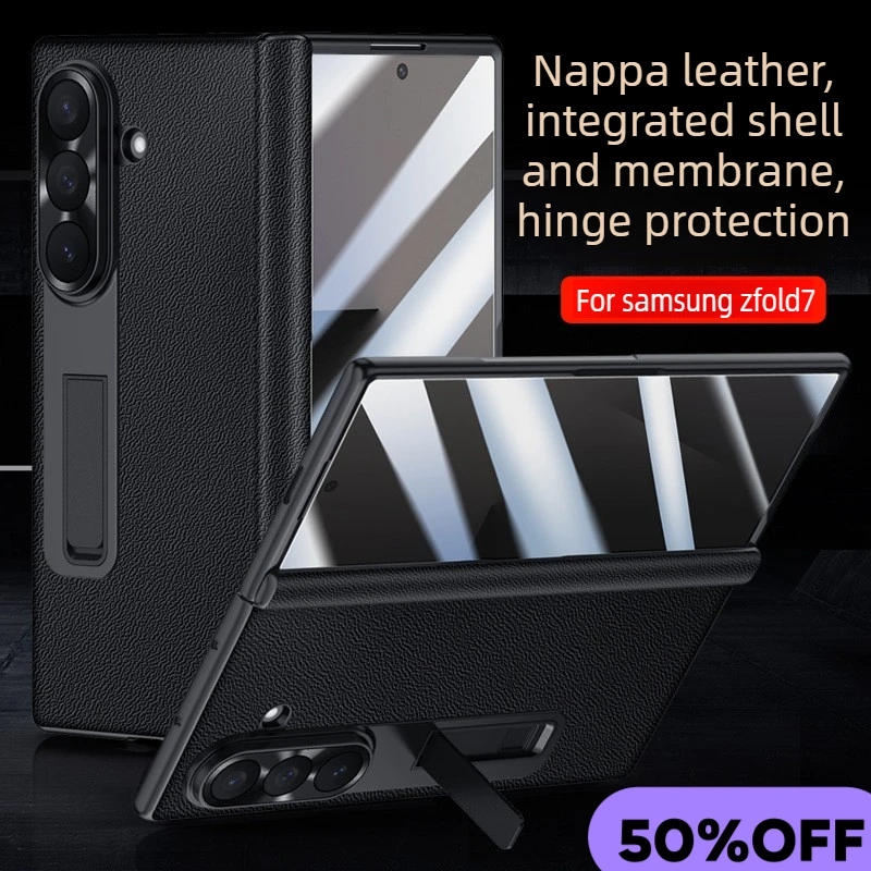 

Чехол из натуральной кожи для Samsung Galaxy Z Fold 7 — встроенная защитная пленка для экрана, подставка и защита петли | Ультратонкий