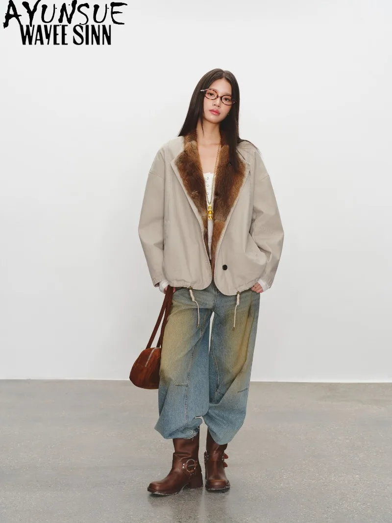 AYUSNUE Natura Muskrat Fur Coat Women Autumn Jacket Small Stand Collar Clothing Loose Warm Fashion Clothes Real Fur Coat Short