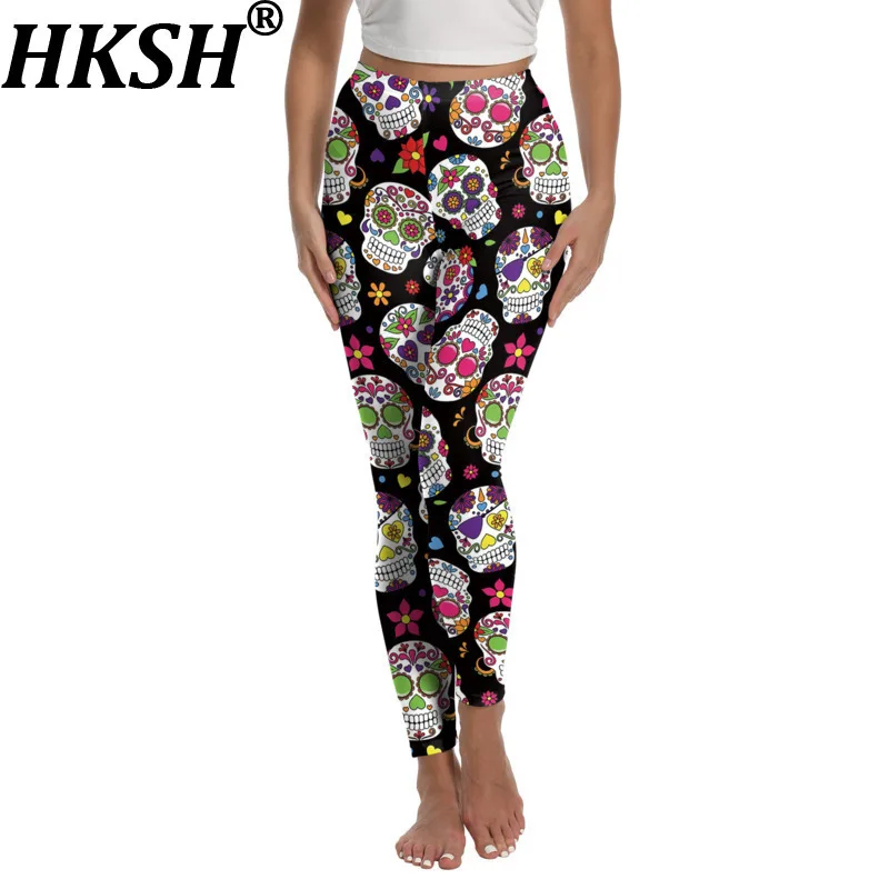 

HKSH осень-зима новые женские штаны для йоги Хэллоуин День мертвых череп с принтом Tide Chic спортивные повседневные модные леггинсы HK12031
