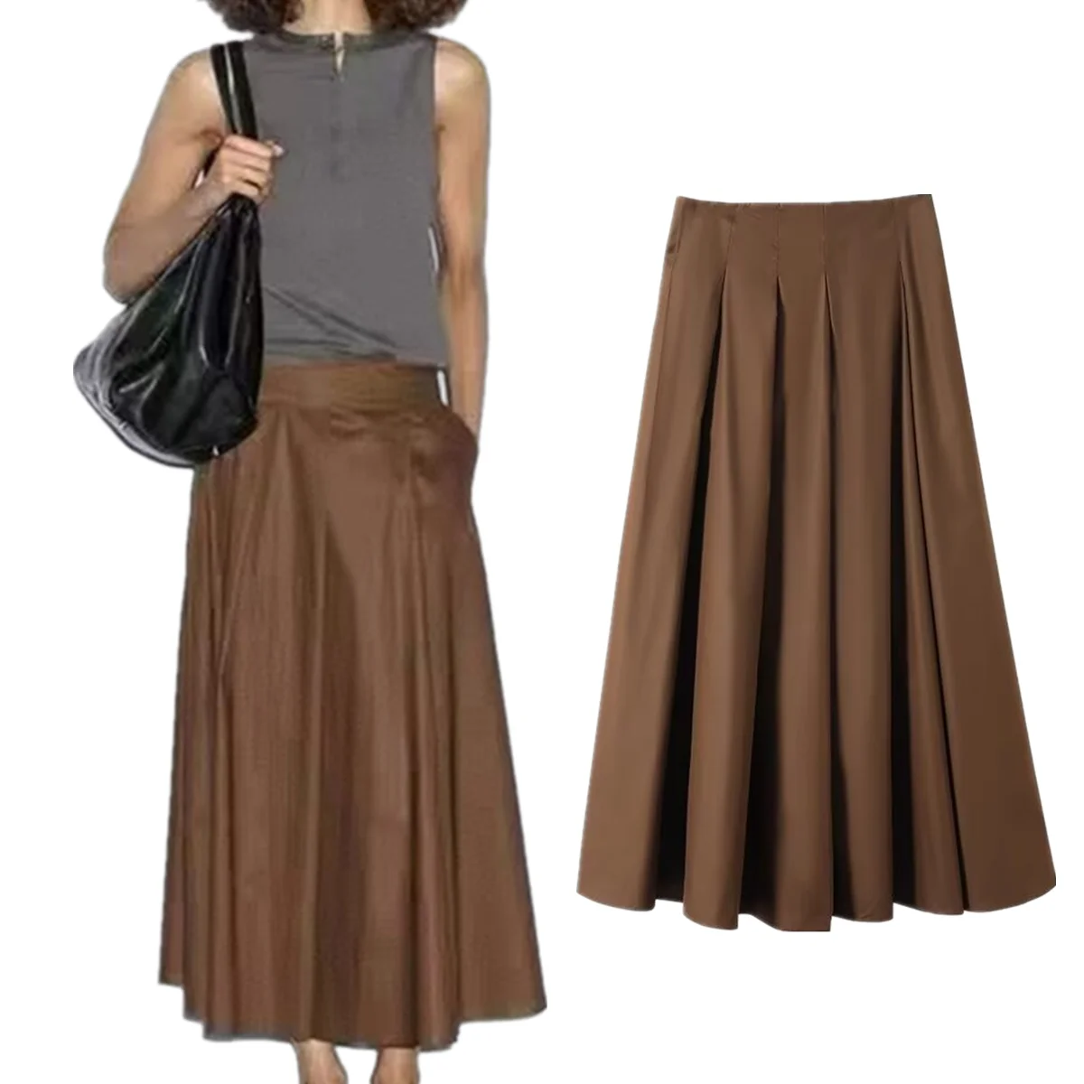 

Увядшая минималистичная коричневая плиссированная юбка с высокой талией, осенняя французская ленивая юбка трапециевидной формы, женские офисные женские юбки-миди Falda