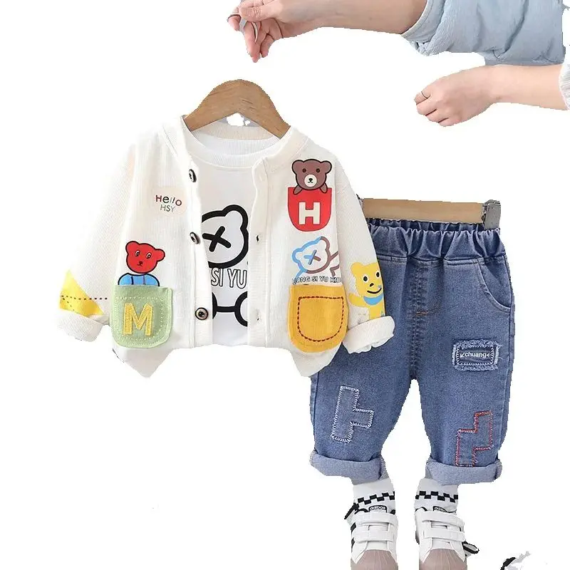 مجموعة ملابس الأطفال الربيع والخريف أزياء الأولاد الطفل الكرتون معطف تي شيرت السراويل 3 قطعة مجموعة 73-120 سنتيمتر