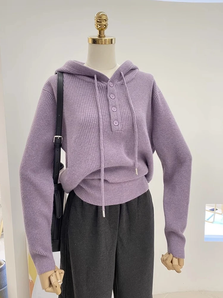 

Женский вязаный шерстяной свитер с капюшоном, длинный свек на пуговицах, утягивающий модный топ, зимняя верхняя одежда, удобный корейский слей