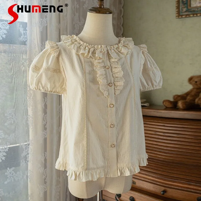 

Japanese Style Original Lolita Y2k Short Sleeves Shirt Summer New Lotus Leaf Inner Wear Top Blouse Single-breasted O-neck Blusas