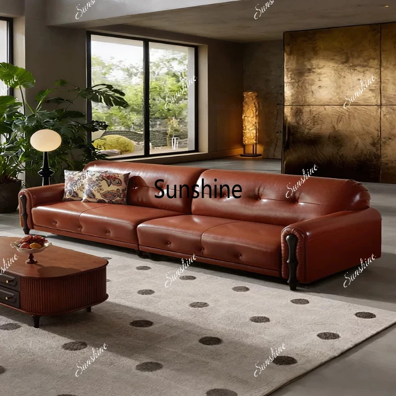 

Solid wood sofa in the ancient style, living room straight row, simple and modern small apartment