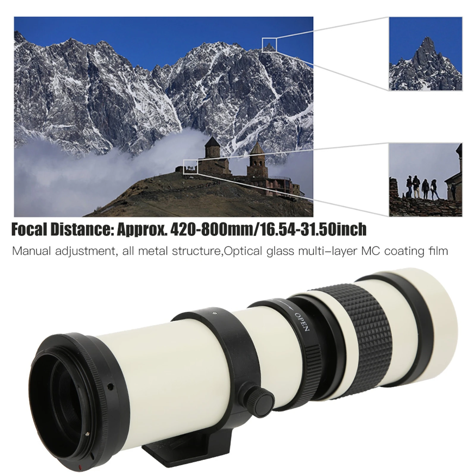 Lens Manual Zoom Lens White 420800mm Aperture F 8.316 Full Manual Focusing Telescope Zoom Telephoto Lens for EF‑S Mount Camera