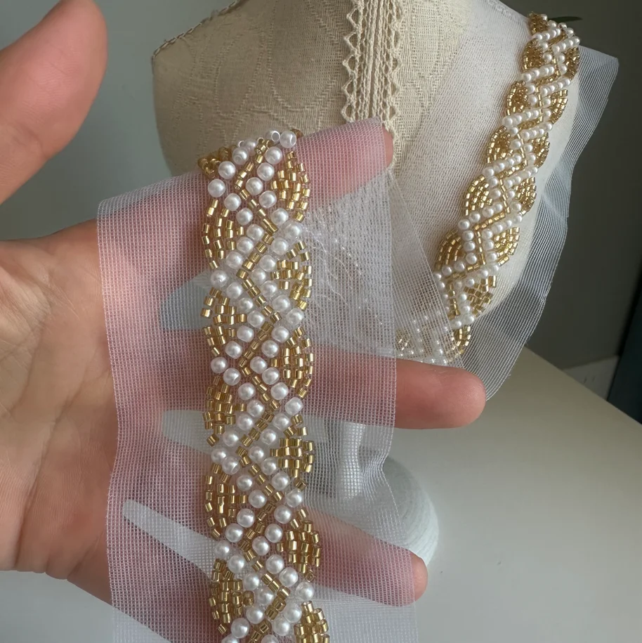 Gold Beaded Lace Ribbon Garment Sewing Accessories Tape For Clothing Wedding Dress Collar Cuff DIY Crafts Needlework Applique