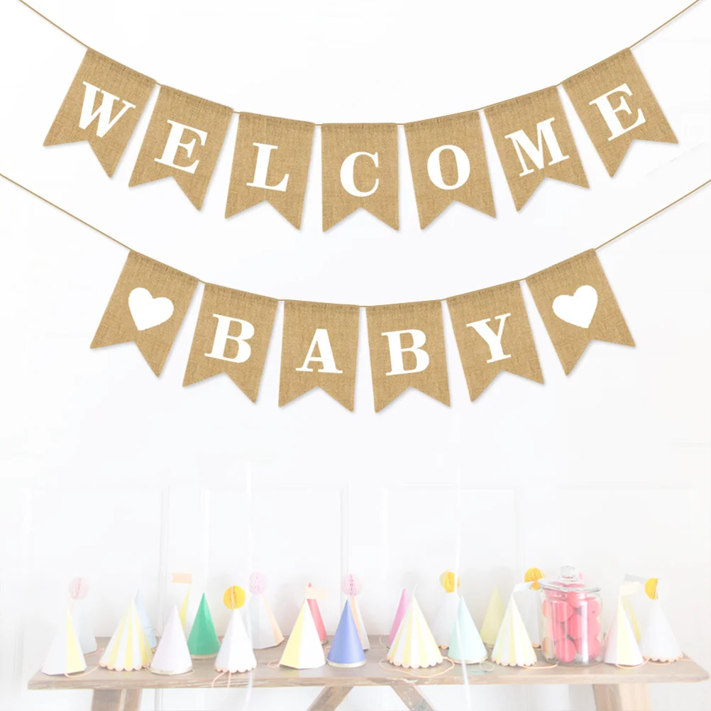 About 2M Burlap Banner Welcome Baby Bunting Pull Flag Baby Birthday Party Decoration Supplies baby party pull flag