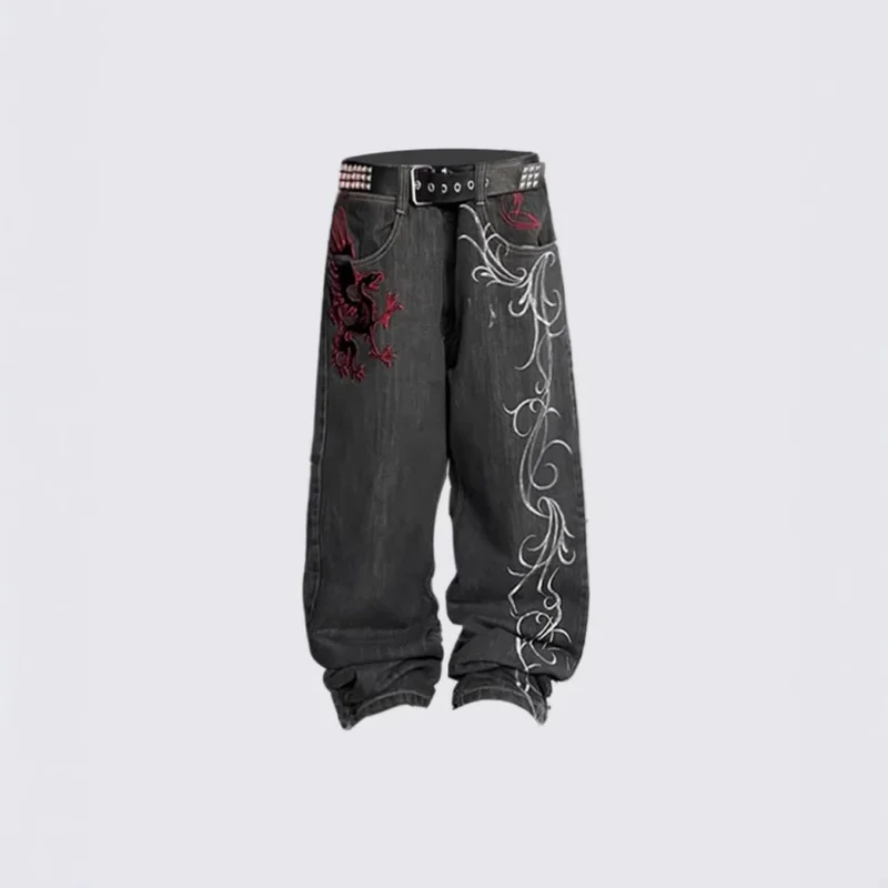 QICEH 2026 Men American Hip‑Hop Streetwear Jeans Embroidered Loose Straight‑Leg Trendy Dance Casual Long Trousers