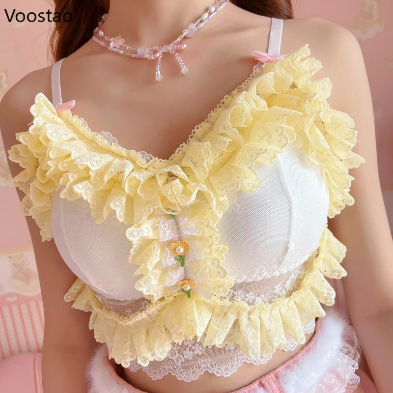 Kawaii Lolita Style Camis Tops Women Summer Bow Lace Ruffles Mesh Sweet Cropped Tanks Girls Y2k Aesthetic Clothes Chic Lace Vest