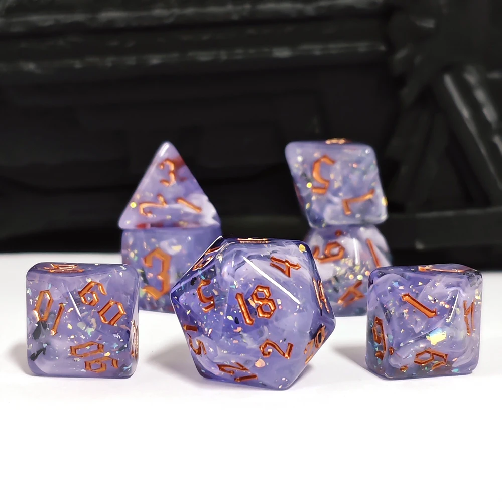 Glittery Purple Swirl with Obsidian Flakes Resin Dice Set Board Games DND RPG MTG Role-playing Dice Set 7Pcs/set Digital Dice