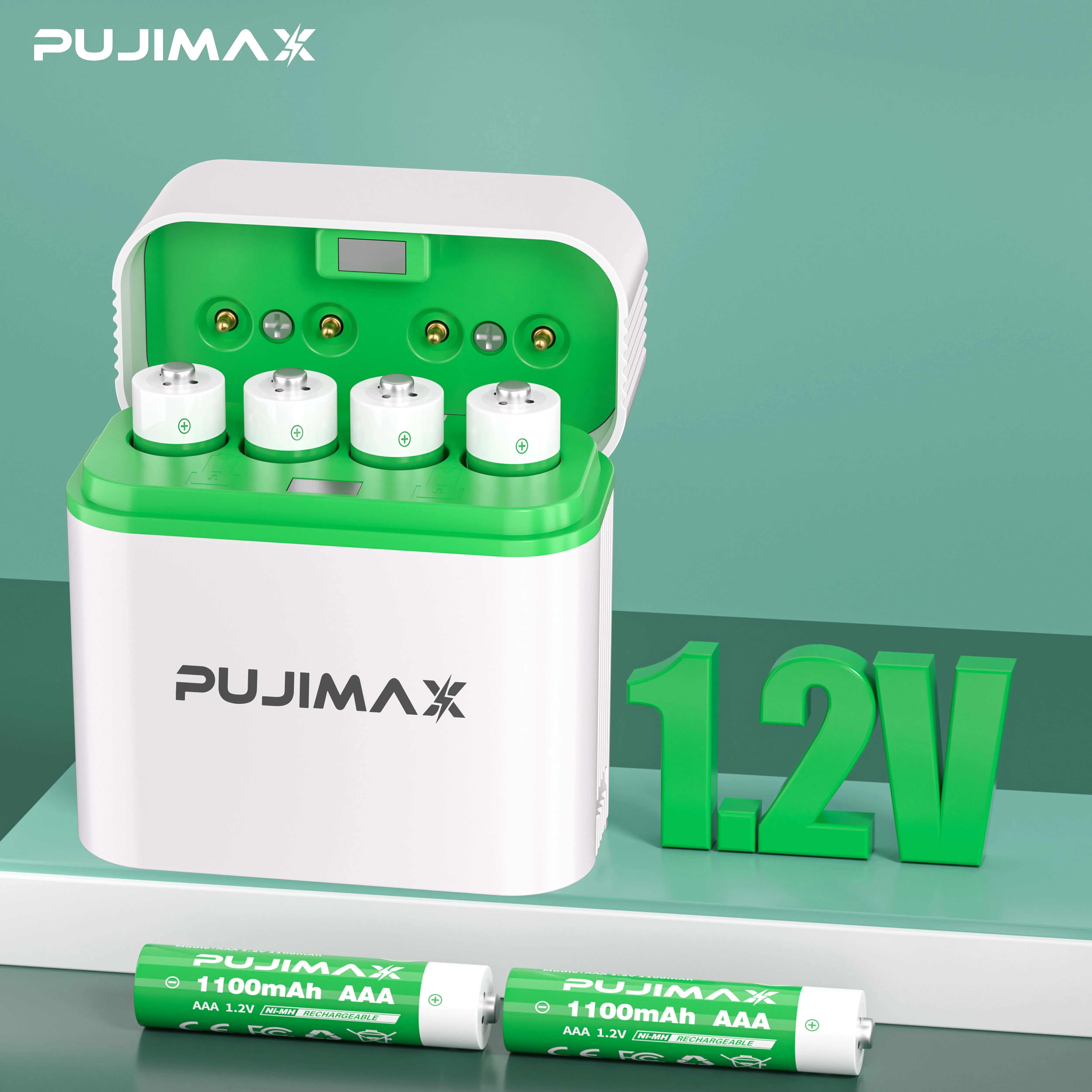 PUJIMAX 1.2V AAA 4-Slot Smart Flip Cover Charging Bin Type C Port Lithium Battery 1100mAh  Battery Charger High-Performance