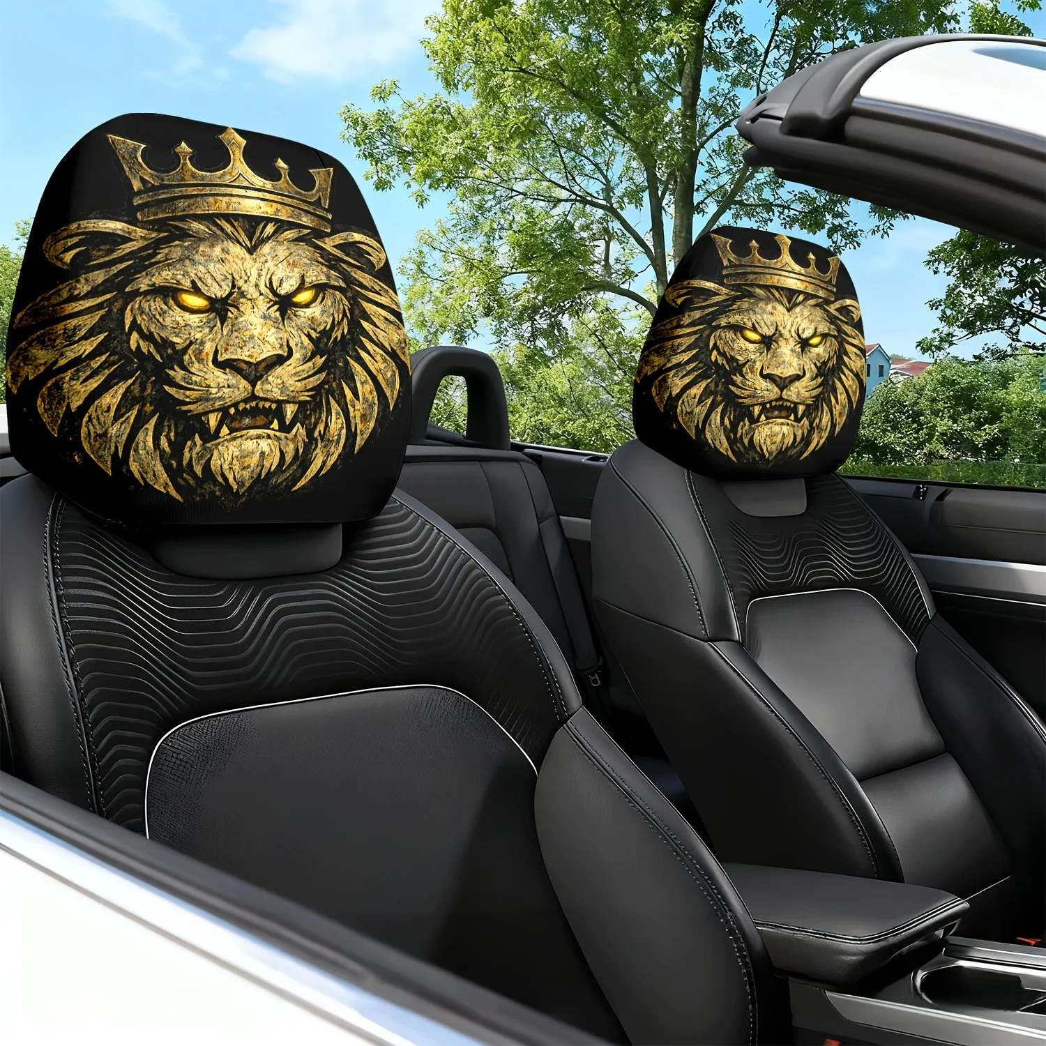2pcs Car Headrest Covers King of The Jungle Lion Roaring Golden Theme Print Car Seat Headrest Pillow Neck Pillow Protector – S