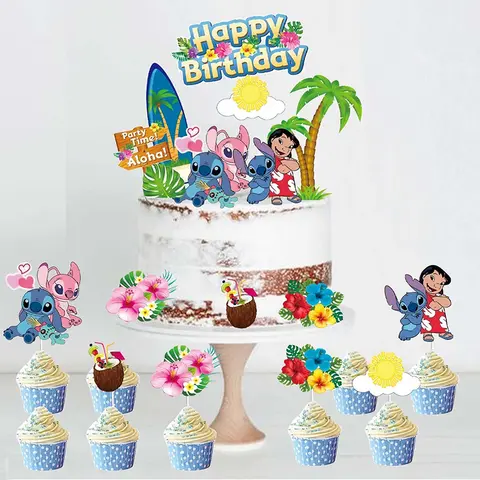 12pcs Disney Lilo &Stitch Hawaii Cake Toppers Summer Birthday Party Supplies Aloha Flower Table Decoration For Boys Girls Gifts