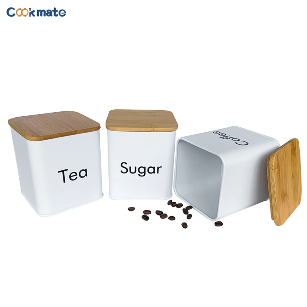 

3 pcs Kitchen Storage Canister Set Coffee Sugar Tea Jars Round Square Tea Biscuit Storage Tank with Bamboo Lid White Black