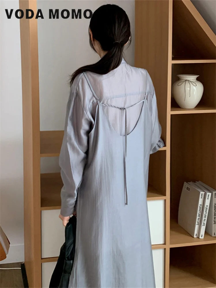 女性用ラペルネックシャツドレス,ランタンスリーブ3/4のミドル丈ドレス,ボタン付きのゆったりとしたカジュアルドレス,韓国のファッション,デザインセンス,2024