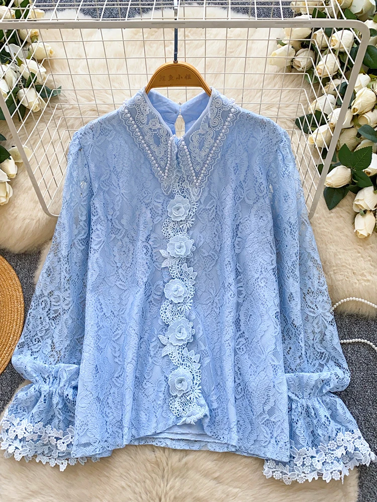 

Women Lace Shirt Spring Autumn European Style 3D Flowers Appliques Peter Pan Collar Beading Blouse Lining 7 Colors BL286