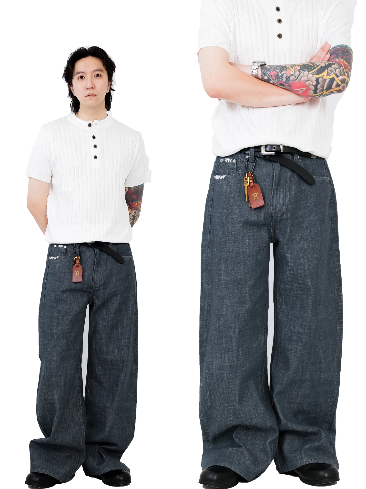Calças Jeans Cinza Carvão Costuradas à Mão, Corte Reto Solto, Estilo A-Line, Versáteis, Retrô, Moda Urbana, para Homens e Mul...