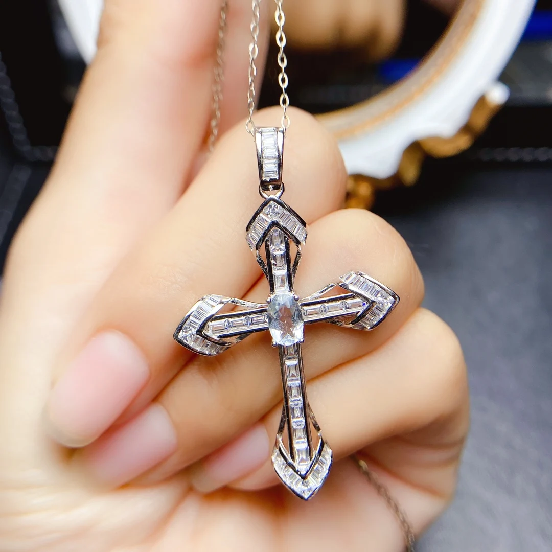 FS Natural Aquamarine/Topaz/Emerald Cross Pendants S925 Sterling Silver Fine Fashion Charm Wedding Jewelry for Women MeiBaPJ