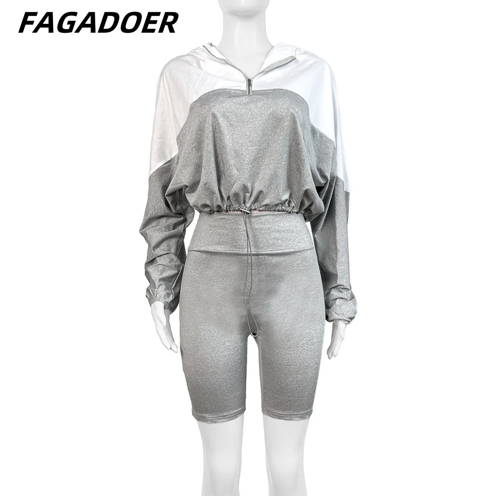 FAGADOER Casual Color Patchwork Sporty Two Piece Sets Women Zip Long Sleeve Crop Top And Skinny Shorts Outfits Damskie dresy