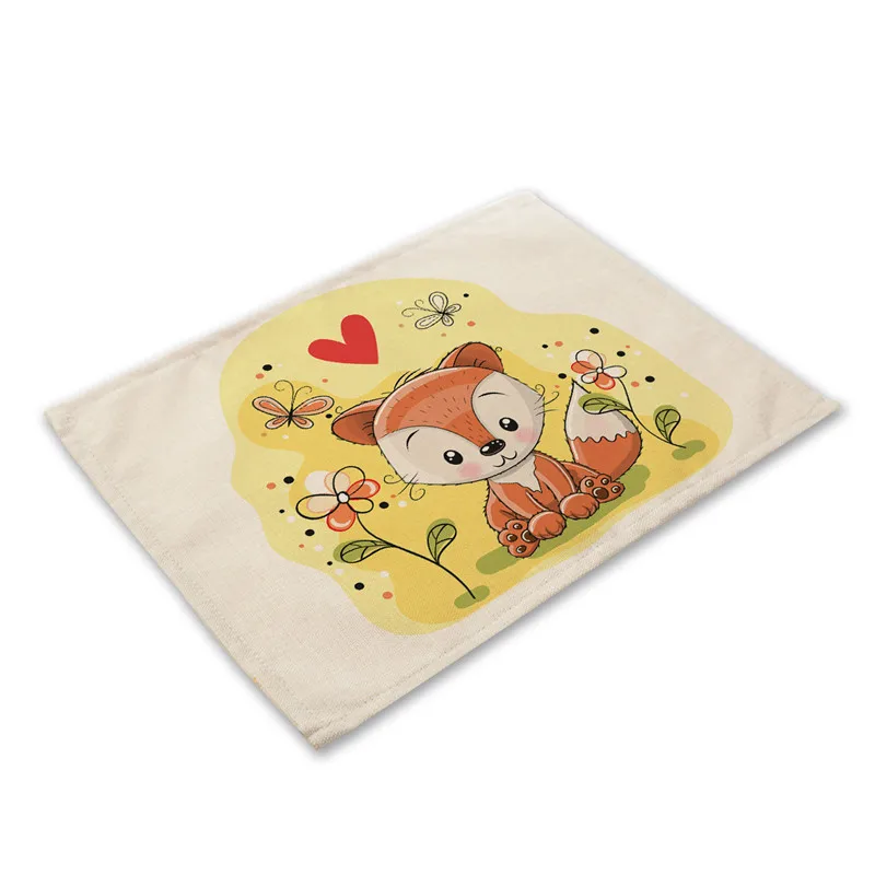 Cartoon Fox Pattern Drink Coasters Kitchen Placemat Animal Dining Table Mat Coaster Cotton Linen Pads Western Mat Home Decor