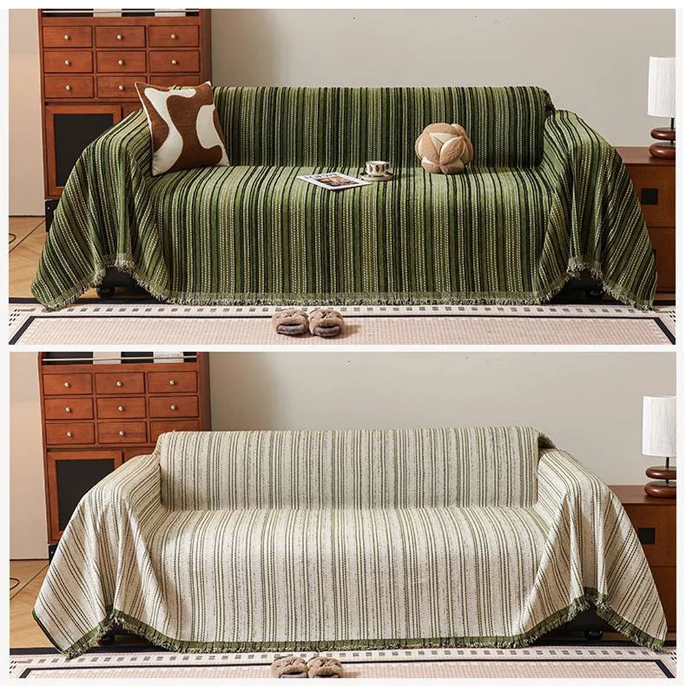 Simple Solid Color Sofa Cover Green Chenille Stripe Pattern One-Piece Sofa Towel Universal Sofa Covers Decor Living Room