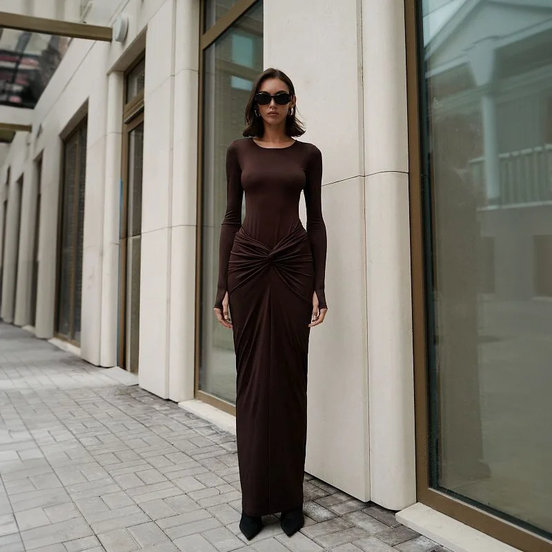 Elegant Vintage Women Dress Sets O Neck Long Sleeved Bodysuit Ruched Skirts Slim Fit Evening Party Autumn Women 2 Piece Sets 