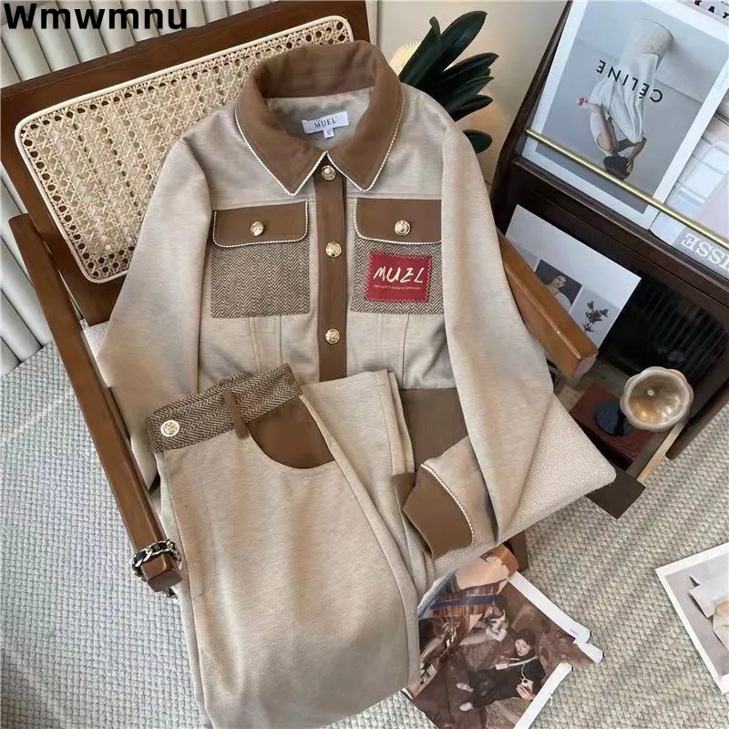 Woolen Patchwork Casual Women Spring Fall Two Piece Sets Lapel Single Breasted Coats Outfit High Waist Baggy Wide Leg Pants Suit