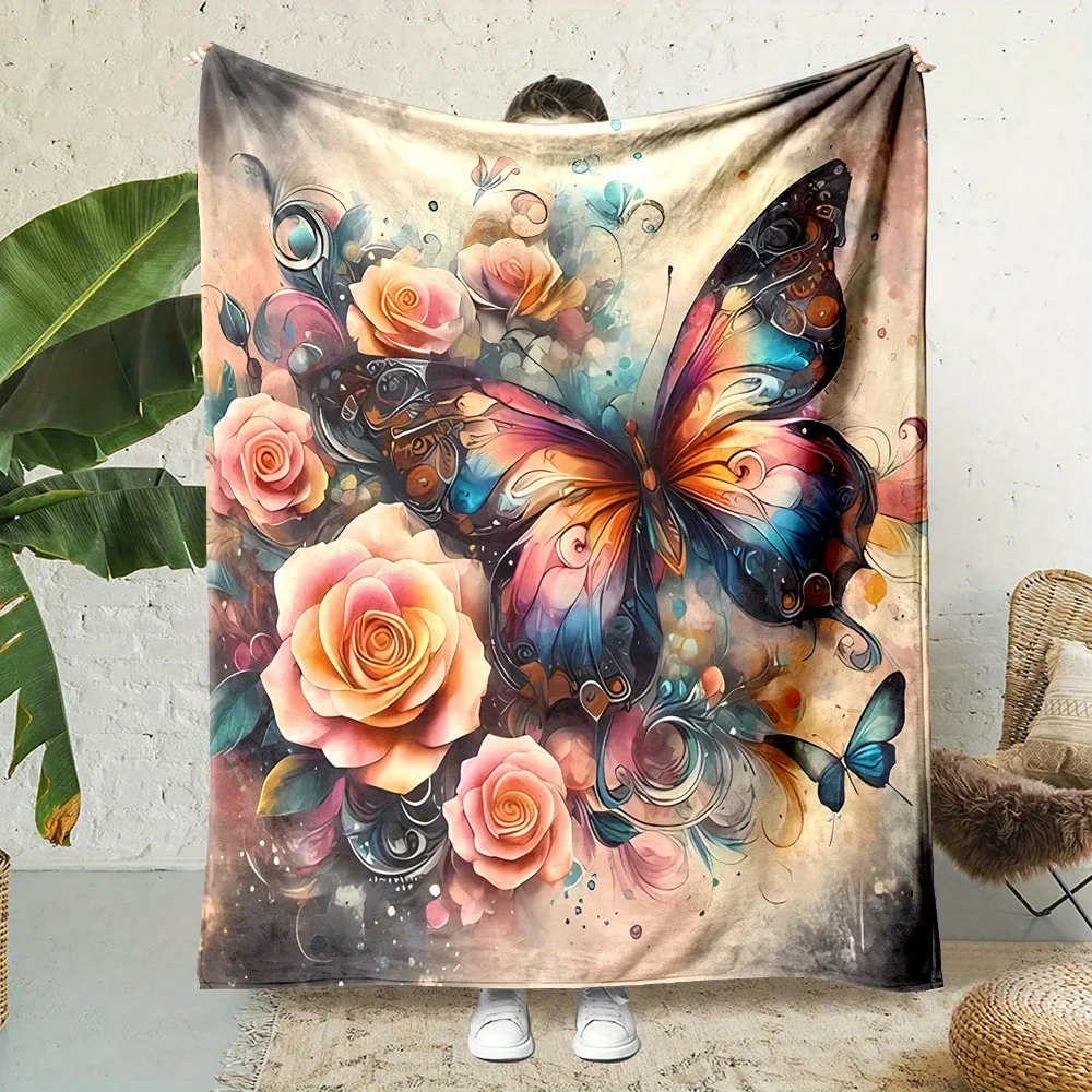 Contemporary Reversible Throw Blanket with Floral and Butterfly Print, All-Season Polyester Non-Woven Fabric, Cartoon-Themed