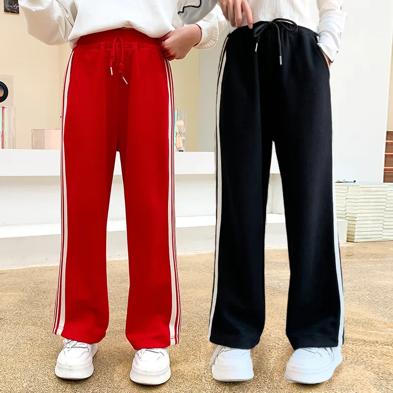 Girls Sport Pants Casual Loose Straight Trousers for Children Fashion Teenager Wide Leg Pants Kids Sweatpants 6 8 10 11 13 14 Y