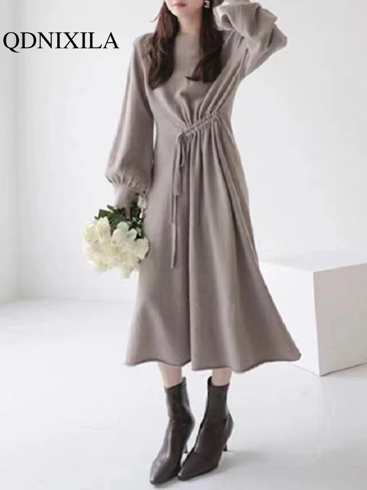 Womens Dresses French Vintage Drawstring Long Sleeved Solid Knitted Dress 2024 Autumn Winter New in Over Knee Bottom Long Skirt