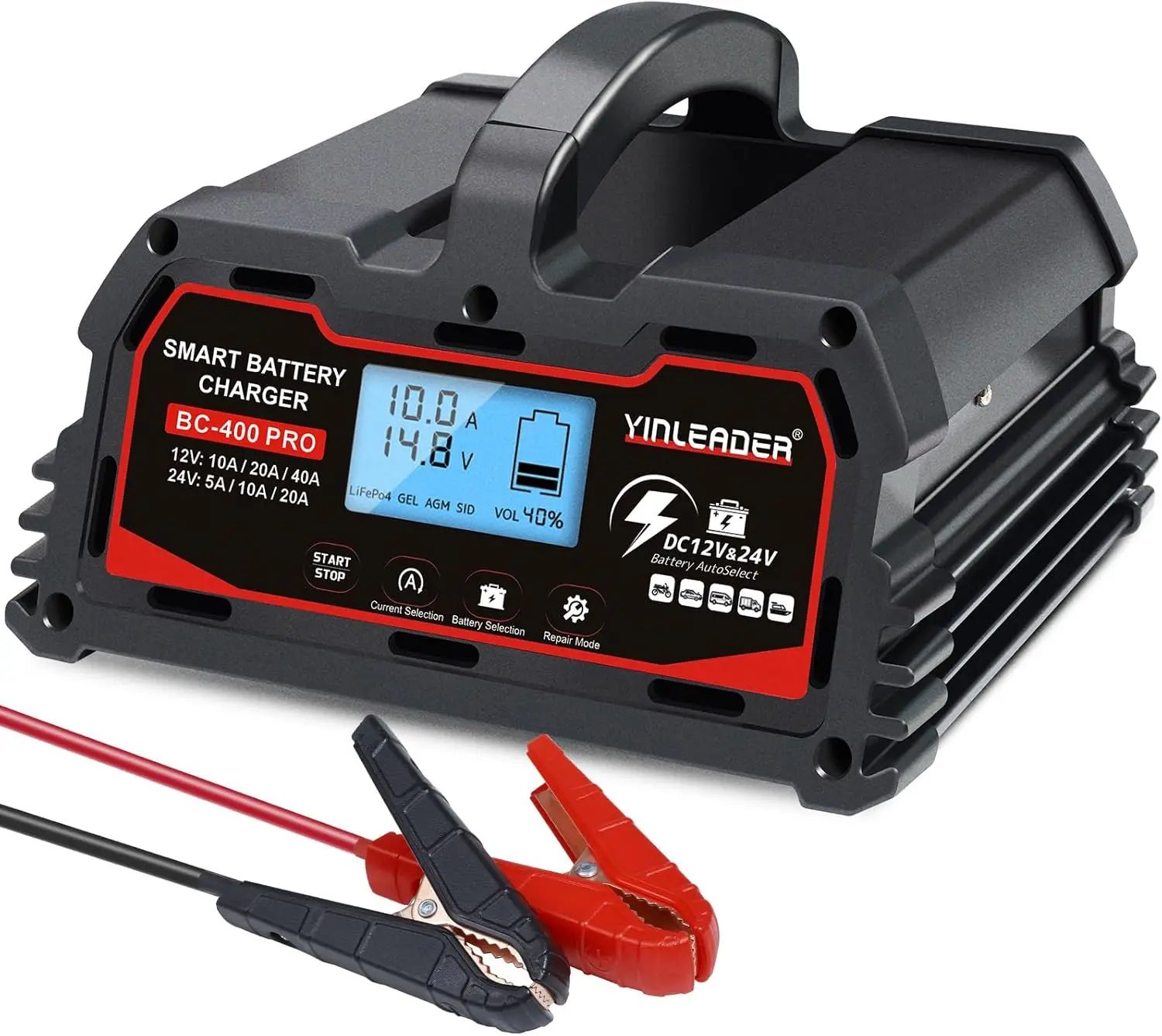 

40A Smart Battery Charger for 12V/24V Lead Acid & LiFePO4, Auto Maintainer for Car Motorcycle Boat