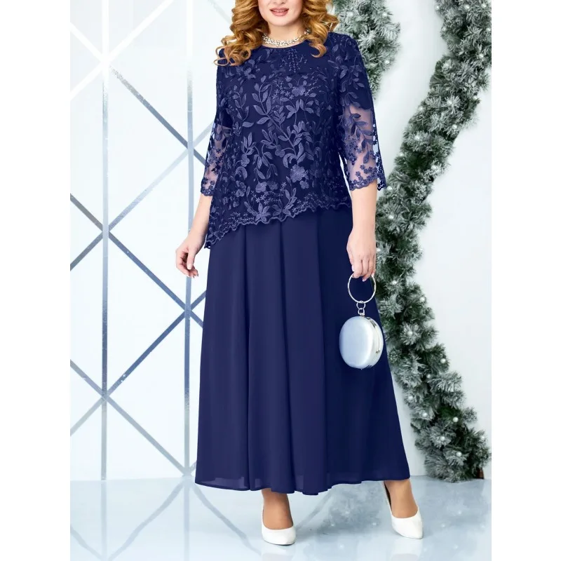 5XL Plus Size Long Dresses Women Clothing Summer Embroidery Fake Two Piece Elegant Party Dress for Wedding Guest Church Dress