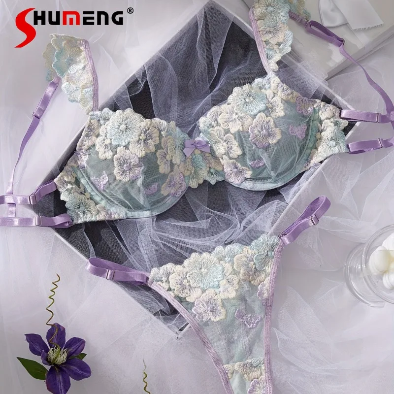 

Sexy Floral Embroidery Brief Sets Female Underwire Color Block Comfortable Bra Suits Women Japanese Hollow Cup Intimates