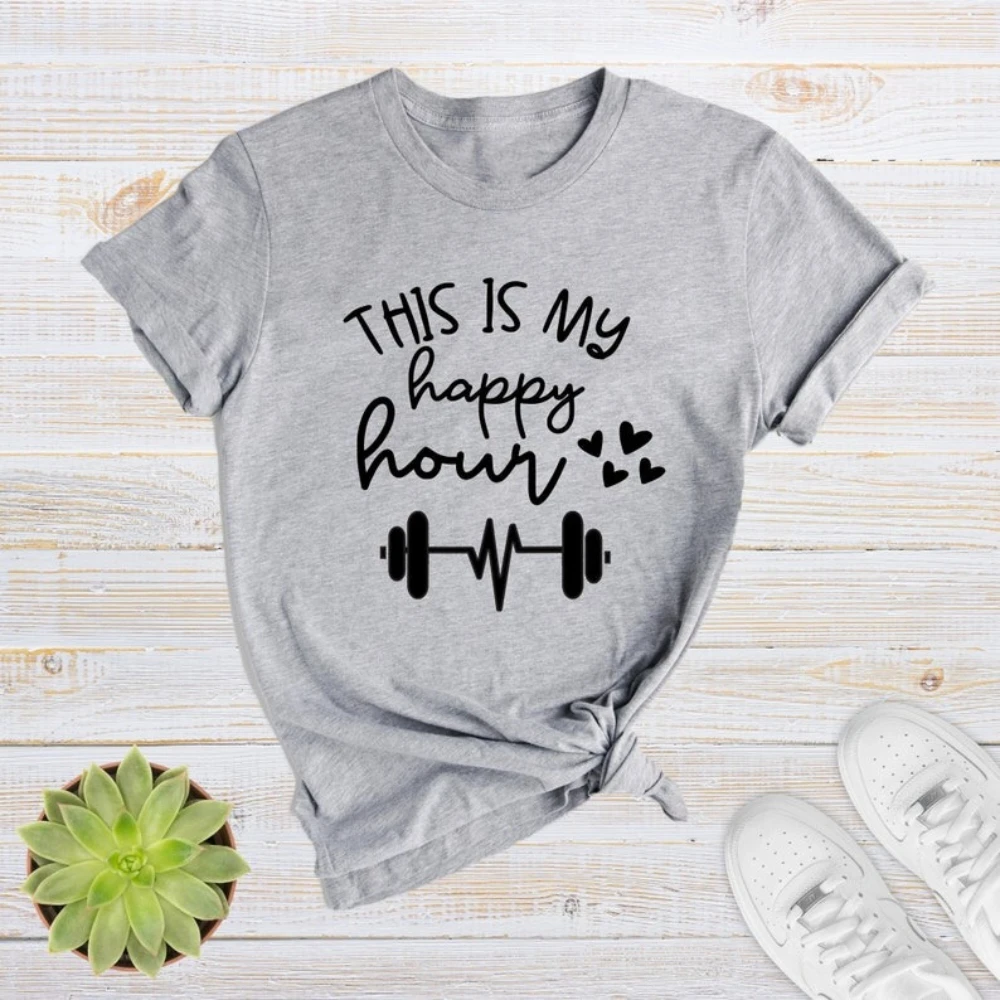 Trendy This Is My Happy Hour Gym T-Shirt Dumbbell Heartbeat Graphic Printed Tshirt Gym Lover Casual Wear Women Summer Casual