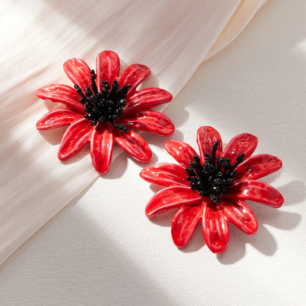 Vintage Red Glass Material Flower Style Women's Earrings Fashionable Sweet Personalized Aretes Para Mujer