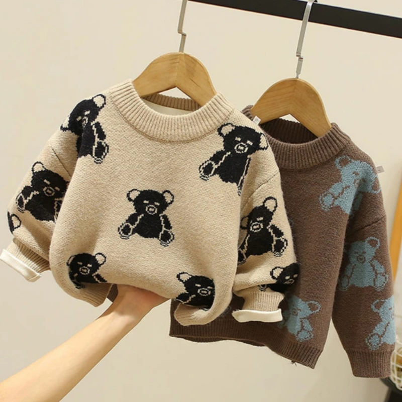 Boys Woolen Sweater Crochet Cotton Windbreak 2023 Bear Warm Thicken Autumn Winter Pullover Plus Size Children's Clothing