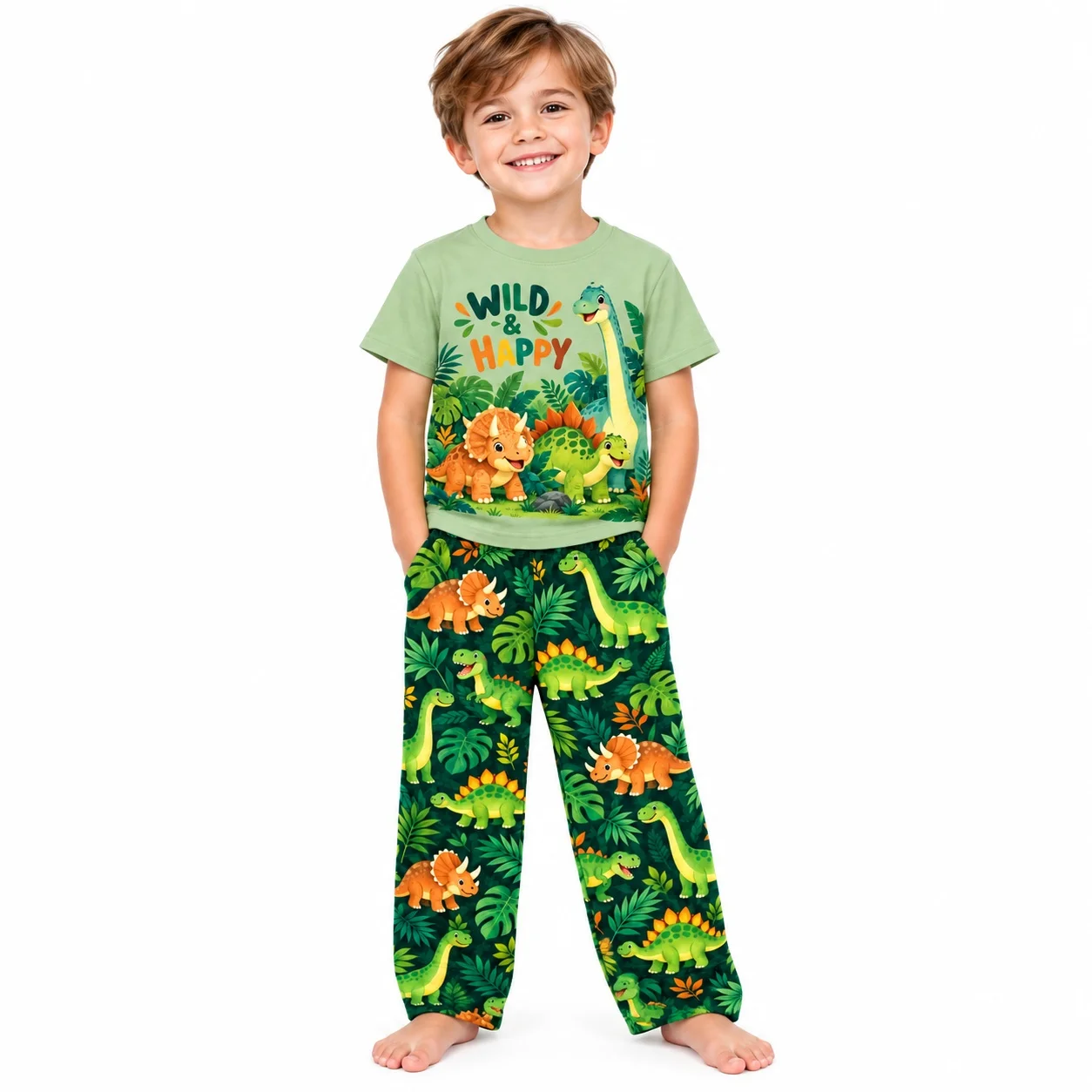 Kids Dinosaur Outfit Set Boys Short Sleeve T Shirt Long Pants Jungle Wild Happy Print Home Casual Clothes