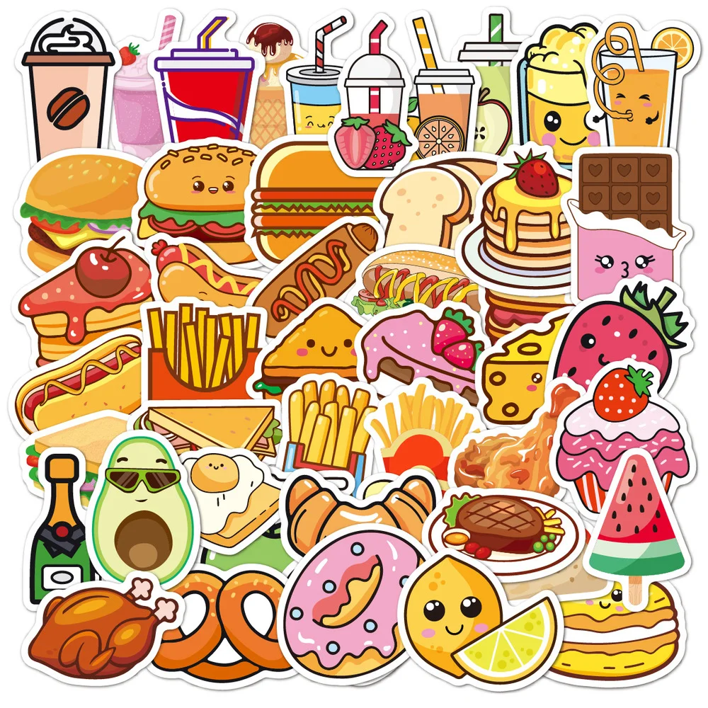 Pegatinas de comida de dibujos animados, calcomanías decorativas de comida, hamburguesa, patatas fritas, Gourmet, equipaje, portátil, delicadeza, grafiti, venta al por mayor, 50 unidades