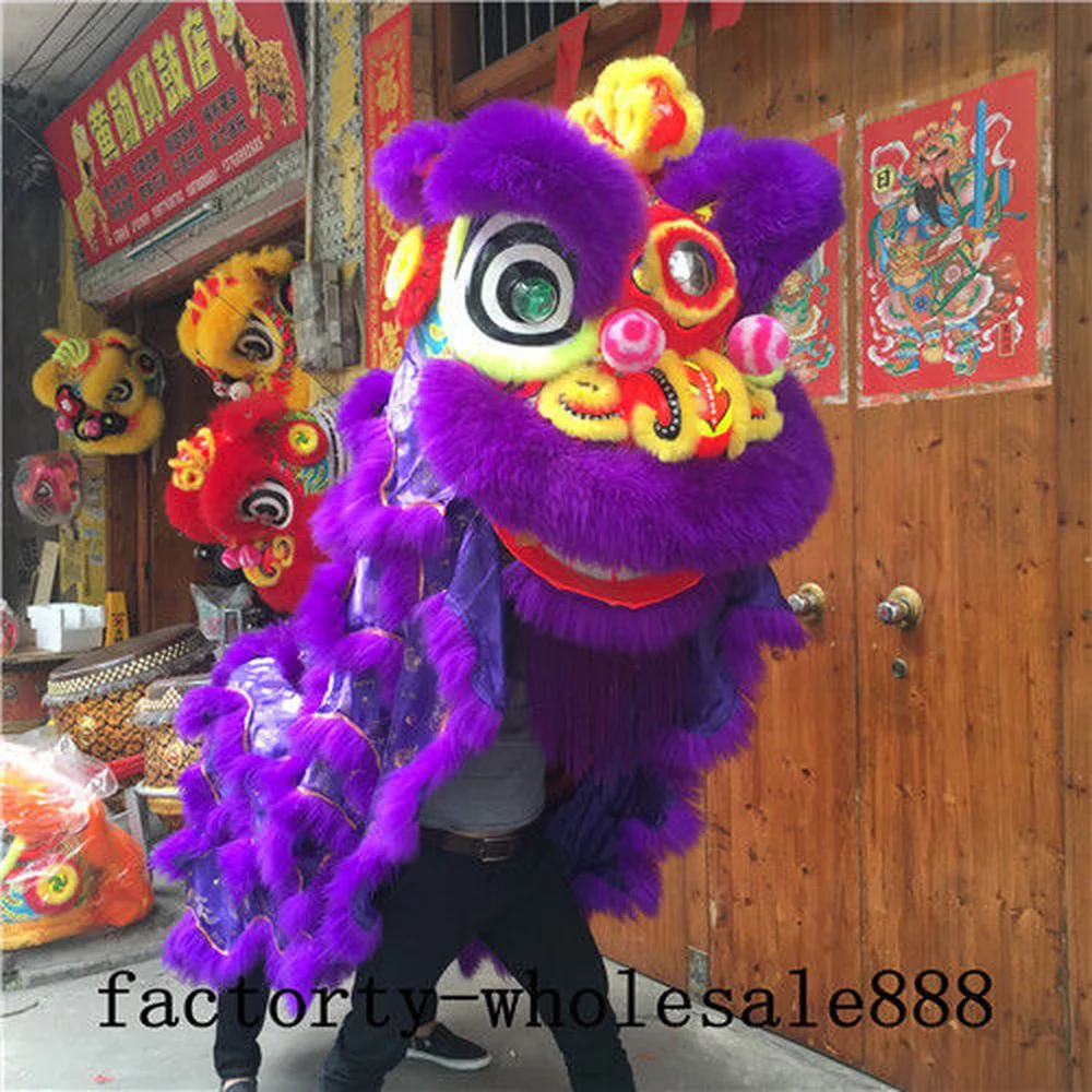 

Handmade Chinese Folk Art Purple Lion Dance Mascot Costume Wool Southern Lion for Two Adults Clothing Advertising Halloween Gift