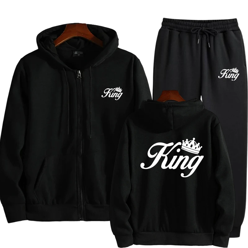 

King Printing Mens Tracksuit Casual Hoodies Coat+Sweatpants 2 Pcs Set Zipper Jacket Daily Jogging Sports Clothing Quality Suit
