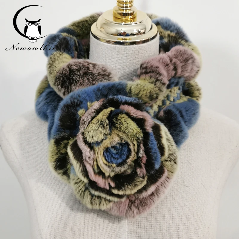 

New women's 100% real Rex rabbit fur rose flower scarf soft natural warm knitting fashion wholesale and retail multi-color