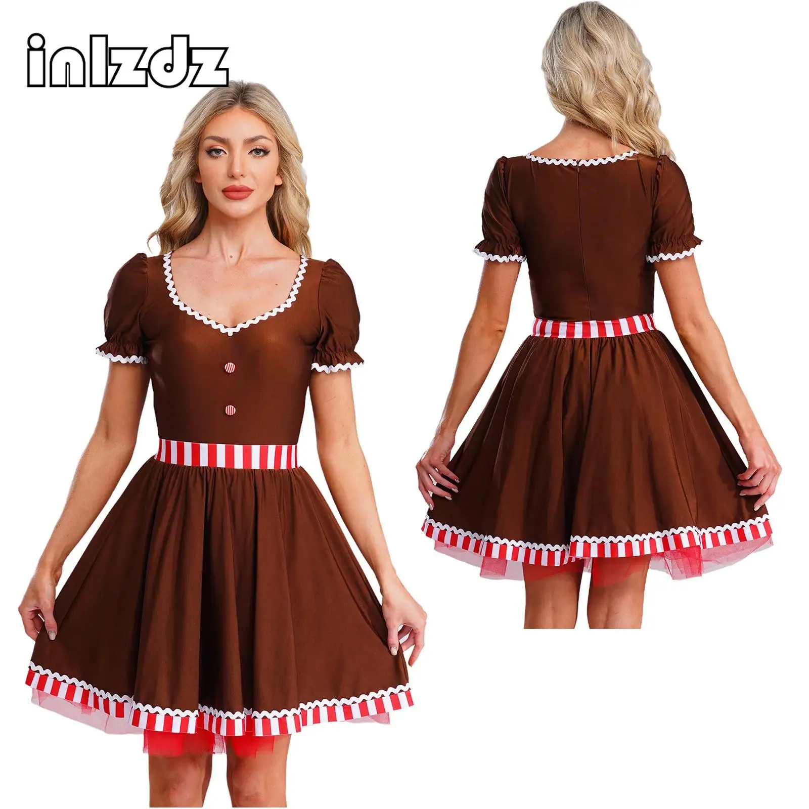 

Women Christmas Gingerbread Man Heart Cosplay Costume Neckline Short Sleeve Tutu Dress for Dance Party Festival Charm Daily Wear