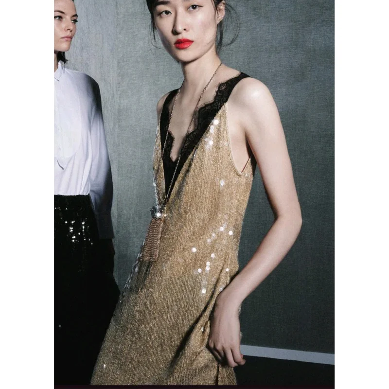 Ele Winter Nowa Damska Sukienka z Dekoltem w Serek, Szerokimi Ramiączkami, Prostym Dołem, Kolorowym Blokowaniem, Koronką z Koralików, Wykonana z Poliestru, Wyszczuplająca, Luźny Krój