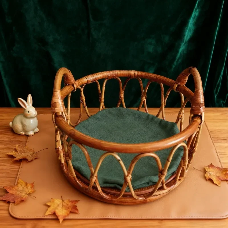 Round Rattan Woven Basket with Handles Newborn Photography Posing Nest Baby Changing Container Essential Photo Prop Basin Frame - view 4