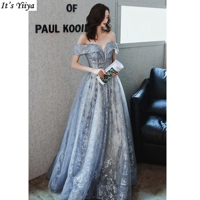 

It's Yiiya Evening Dress Blue Glitter Off the Shoulder A-line Floor Length Plus size Lady Party Formal Gown robe de soiree LF008