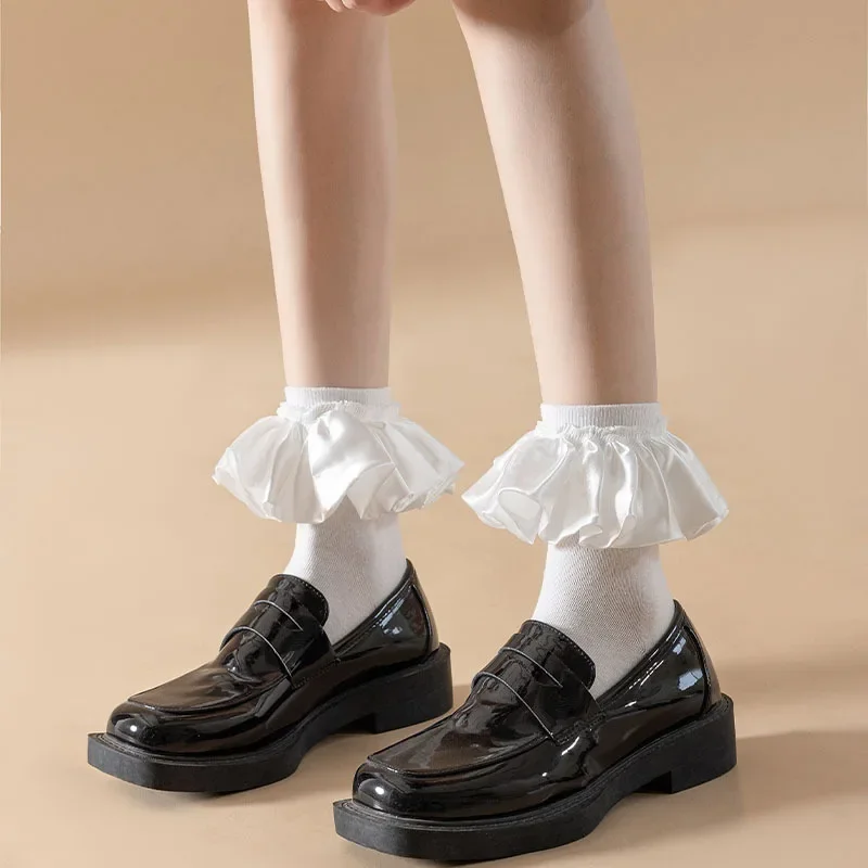 Lolita Kawaii Ruffle Socks Women JK Sweet Girls Cute Princess Socks Japanese Fashion Solid Color Black White Elastic Long Socks