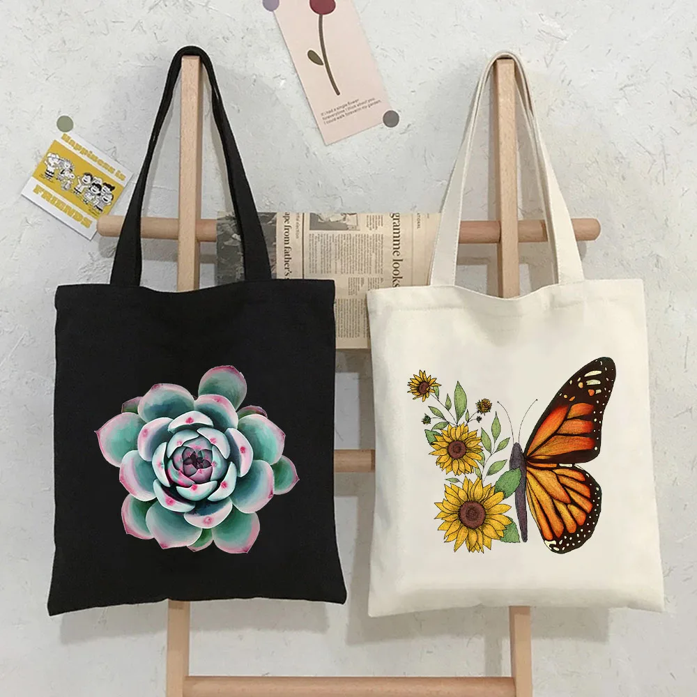 Sunflower Butterfly Succulent Poppies Lily Peony Wildflower Geometric Cute Cat Lotus Shopping Canvas Totes Bags Shopper Handbags