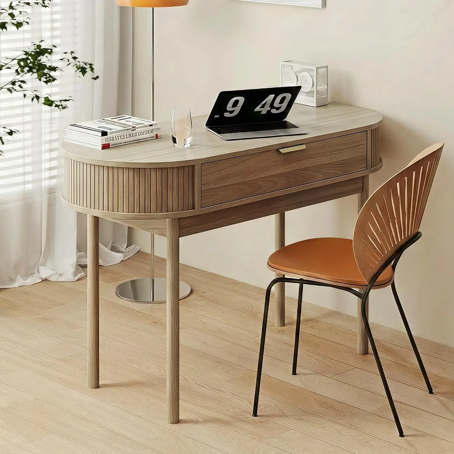 Fluted Wood Writing Desk with Drawer, 39