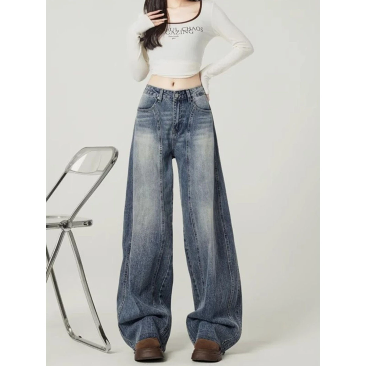 

Retro High Street Loose Wide Leg Jeans Women's Thin Summer American Design Sense High Waist Dra Knife Pants