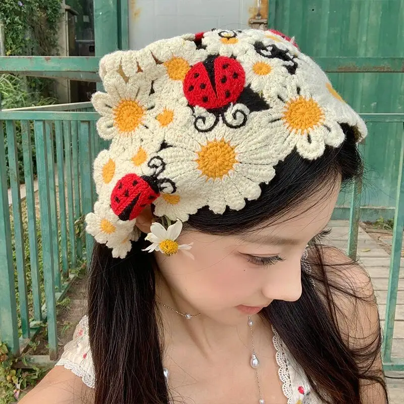 Korean Sweet Cute Handmade Crochet Hollow Triangle Headband Towel Women Spring and Summer Knitted Flower Travel Photo Hair Scarf